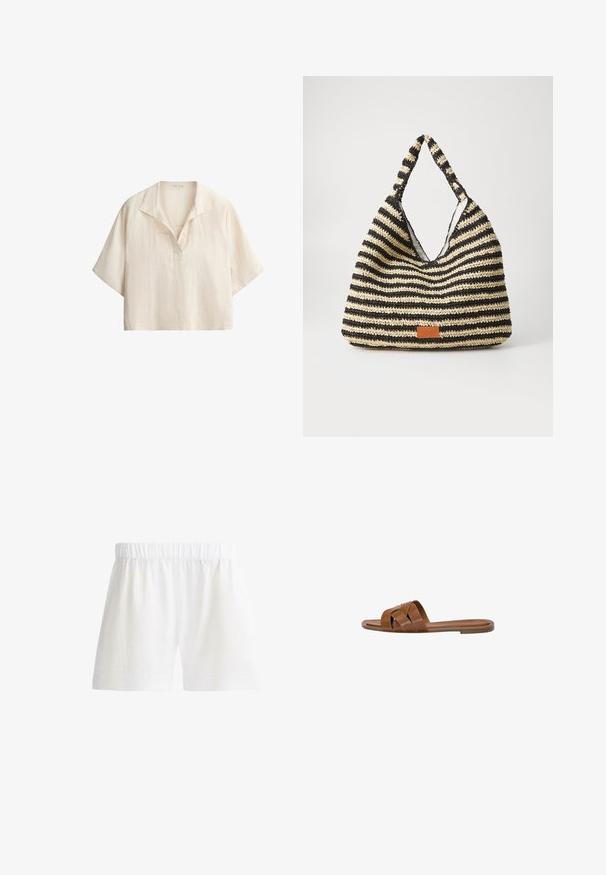 Chemise ample en lin couleur crème à manches courtes, col ouvert avec détail en V sur fond blanc.; Short blanc à taille élastique, ourlet droit et tissu léger, conçu pour un usage décontracté.; Sandale en cuir marron avec des brides croisées, semelle plate et texture lisse. Design simple sans embellissements ni motifs.; Sac tissé rayé en noir et beige, avec un design décontracté, une surface texturée et une petite pièce en cuir en accent.