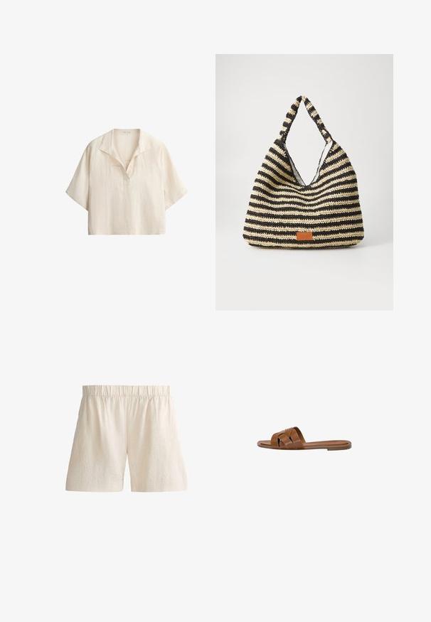 Chemise ample en lin couleur crème à manches courtes, col ouvert avec détail en V sur fond blanc.; Shorts en lin beige avec taille élastique et ourlets droits, conçus pour un usage décontracté.; Sandale en cuir marron avec des brides croisées, semelle plate et texture lisse. Design simple sans embellissements ni motifs.; Sac tissé rayé en noir et beige, avec un design décontracté, une surface texturée et une petite pièce en cuir en accent.