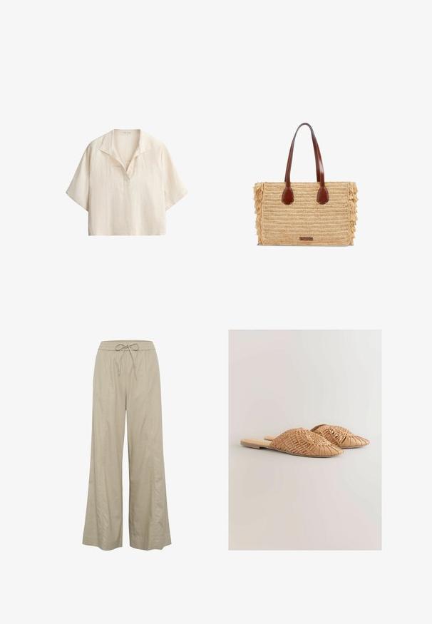 Chemise ample en lin couleur crème à manches courtes, col ouvert avec détail en V sur fond blanc.; Pantalons beige à jambes larges en tissu léger, dotés d'une taille élastique avec cordon de serrage et de poches latérales. Texture lisse, design minimaliste.; Sandales à glissière en cuir tressé de couleur beige clair, avec un design supérieur tressé surdimensionné et une semelle plate. Le bout pointu ajoute une touche élégante.; Sac à main rectangulaire en paille tressée avec anses en cuir marron et côtés frangés, avec une petite étiquette à l'avant.