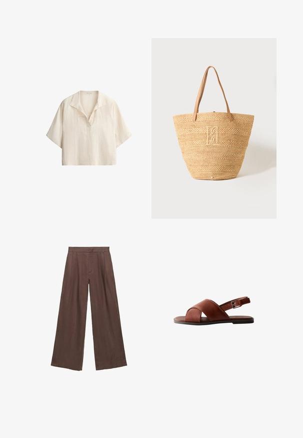 Chemise ample en lin couleur crème à manches courtes, col ouvert avec détail en V sur fond blanc.; Pantalon marron taille haute à jambes larges, avec passants de ceinture et plis sur le devant, en tissu léger.; Sandale plate en cuir marron avec des brides croisées et une bride arrière réglable à boucle sur une fine semelle noire.; Sac cabas en paille tissée beige avec deux poignées en cuir marron clair et un monogramme brodé subtil au centre avant.