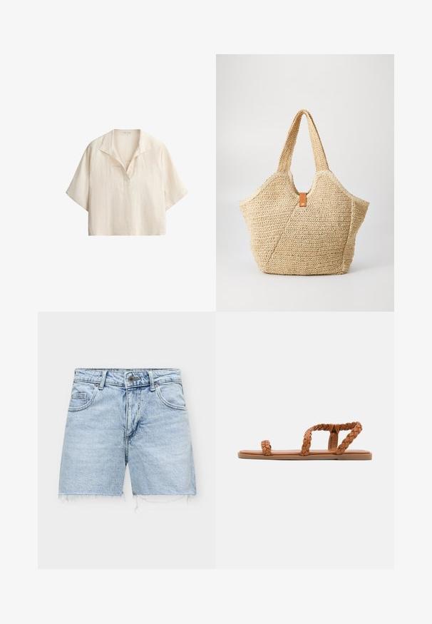 Chemise ample en lin couleur crème à manches courtes, col ouvert avec détail en V sur fond blanc.; Short en denim bleu clair avec ourlets effilochés, bouton à l'avant, fermeture éclair et poches avant et arrière.; Anna Field by Zalando Sandales - cognac; Grand sac fourre-tout en paille avec un extérieur texturé beige et deux grandes poignées. Présente une sangle en cuir pour la fermeture.