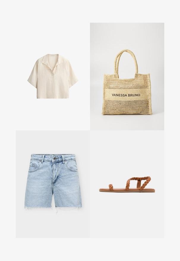 Chemise ample en lin couleur crème à manches courtes, col ouvert avec détail en V sur fond blanc.; Short en denim bleu clair avec ourlets effilochés, bouton à l'avant, fermeture éclair et poches avant et arrière.; Anna Field by Zalando Sandales - cognac; Sac fourre-tout tissé beige avec deux poignées et "VANESSA BRUNO" imprimé en noir sur un panneau tissé solide au centre.