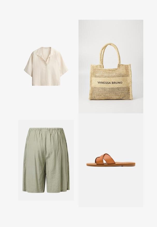 Chemise ample en lin couleur crème à manches courtes, col ouvert avec détail en V sur fond blanc.; Shorts vert clair à coupe ample avec une taille élastique et une texture subtile froissée.; Sandale diapositive en cuir marron avec des lanières croisées, semelle plate, texture lisse et caractéristiques de design minimaliste pour un usage décontracté.; Sac fourre-tout tissé beige avec deux poignées et "VANESSA BRUNO" imprimé en noir sur un panneau tissé solide au centre.
