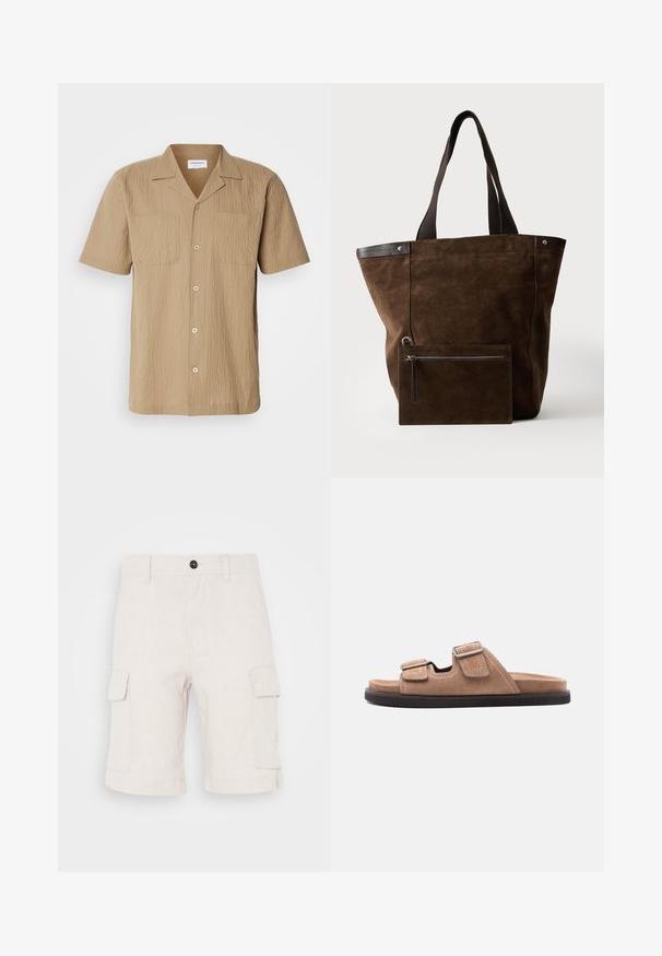 Kurzhülsiges, beiges Hemd aus strukturiertem Stoff. Verfügt über einen Kentkragen, zwei Vordertaschen und eine Knopfverschlüsse in lockerer Passform.; Beige Cargo-Shorts aus leichtem Stoff, mit zwei seitlichen Taschen und umgeschlagenem Saum. Knopfverschluss an der Taille.; Braune Wildleder-Pantoletten mit schwarzer Sohle, zwei verstellbaren Riemen mit Schnallen und weißer Nahtdetail, Seitenansicht auf weißem Hintergrund.; Dunkelbraune Veloursleder-Tote mit schwarzen Griffen und einem passenden rechteckigen Reißverschlussbeutel, der vorne befestigt ist.