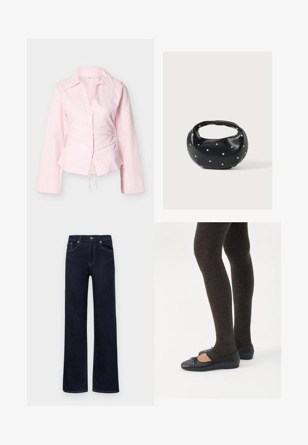 Blusa de mujer de manga larga en color rosa claro, con cuello ancho, cierre frontal de botones, cintura entallada y detalle de cordón en el dobladillo.; Jeans de mezclilla azul oscuro con piernas rectas, cierre de botón, trabillas para cinturón y cinco bolsillos, exhibidos sobre un fondo blanco.; Piernas con leggings oscuros acanalados combinados con bailarinas negras que presentan pequeños detalles de lazo sobre un fondo blanco.; Bolso de mano de cuero negro con forma redondeada, decorado con detalles de tachuelas plateadas y un asa corta. Textura lisa y cierre con cremallera.