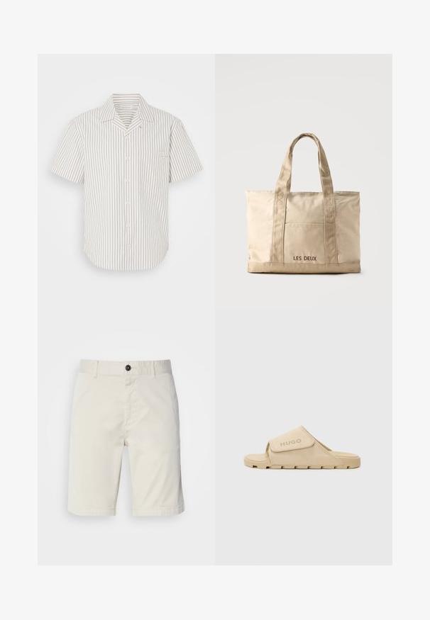 Camisa de botón de manga corta en beige claro con rayas oscuras verticales, que cuenta con un bolsillo en el pecho y un cuello de solapa.; Shorts de color beige claro fabricados en algodón, con cierre de botón, bolsillos delanteros y dobladillo cosido. Textura suave con un diseño casual.; Sandalia tipo deslizador beige con parte superior de textil suave, correa de velcro y suela de goma texturizada con un diseño rectangular y un sutil detalle de logo.; Bolsa tote de lona beige con dos asas y bolsillo delantero, "LES DEUX" bordado en el bolsillo.