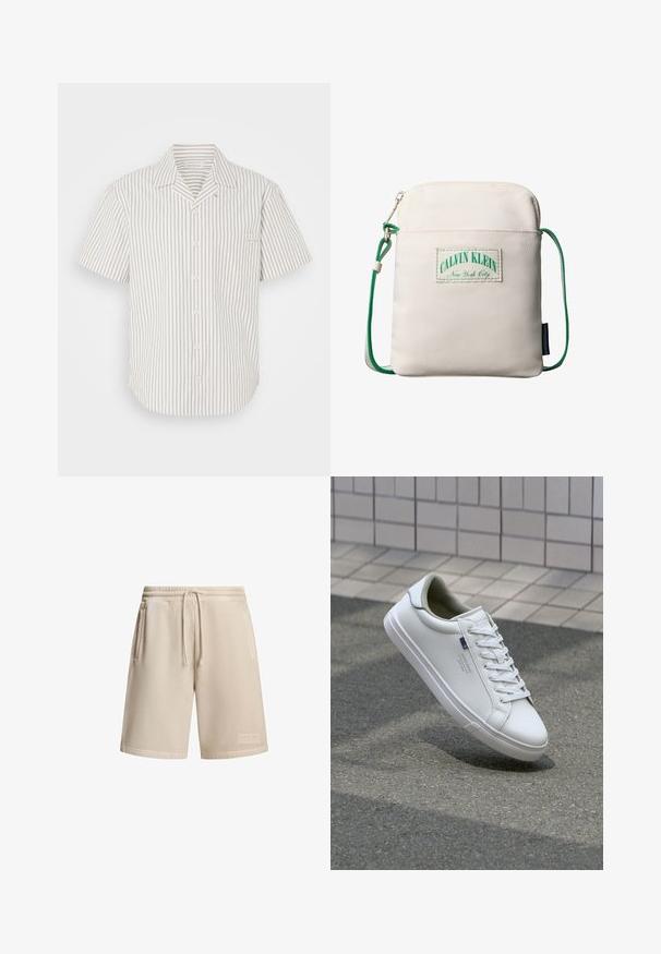 Korte mouw overhemd in licht beige met verticale donkere strepen, voorzien van een borstzak en een omslaande kraag.; Beige shorts van een katoenmix met een elastische tailleband en trekkoord, voorzien van twee zijzakken en een klein logo-op-patch op de zoom.; Witte leren sneakers met een gladde afwerking, ronde neus, platte veters en een gestructureerde rubberen zool; beschikt over een klein blauw logo aan de zijkant.; Kleine beige crossbodytas met een verstelbare groene koordriem, een voorvak met rits en een Calvin Klein New York City logopatch.
