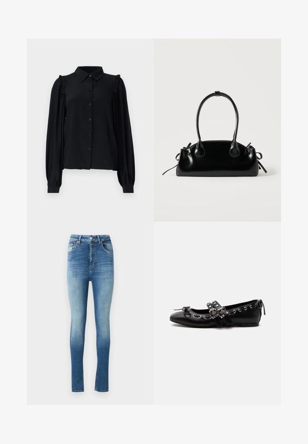 Blouse noire à manches longues avec un devant à boutons, accents d'épaules à volants, texture douce et coupe décontractée.; Jeans skinny taille haute en denim bleu délavé avec un dégradé subtil. Caractéristiques d'un design classique à cinq poches et fermeture à bouton.; Chaussure de ballet plate noire avec doubles brides à boucle, œillets argentés et petit nœud près de l’orteil arrondi sur fond blanc.; Petit sac à main noir brillant avec deux longues anses et des détails à cordon sur les côtés sur un fond clair uni.