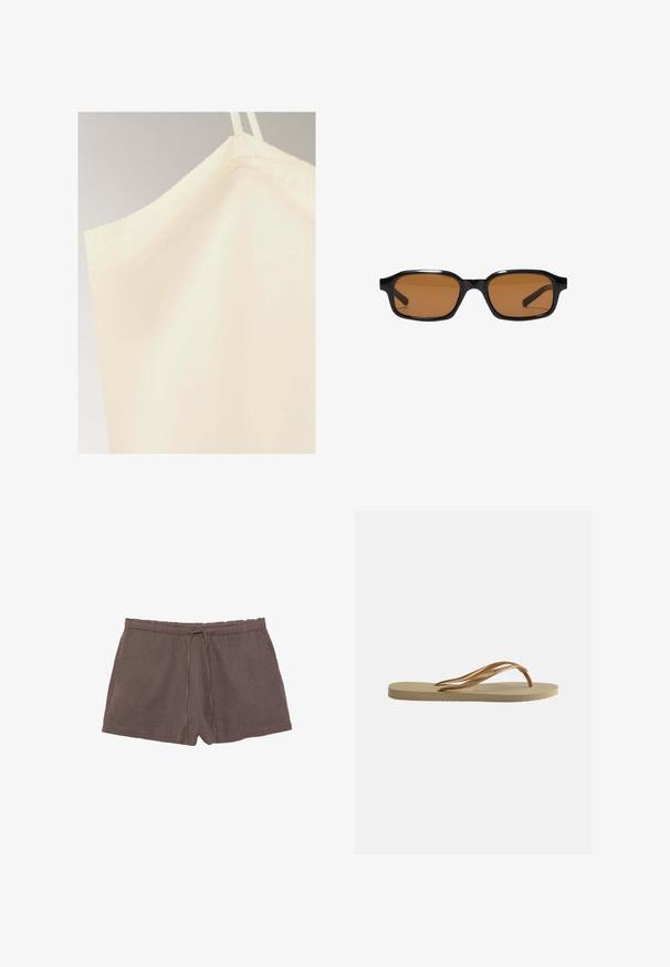 Haut sans manches couleur crème avec fines bretelles et texture de tissu lisse sur un fond neutre.; Shorts en maille de coton marron avec taille élastique et cordon à l'avant, posés à plat sur fond blanc.; Tongs beige avec semelle texturée et brides métalliques bronze en forme de Y sur fond blanc uni.; Lunettes de soleil rectangulaires noires avec des montures épaisses et des verres teintés marron, vues de face sur un fond blanc.