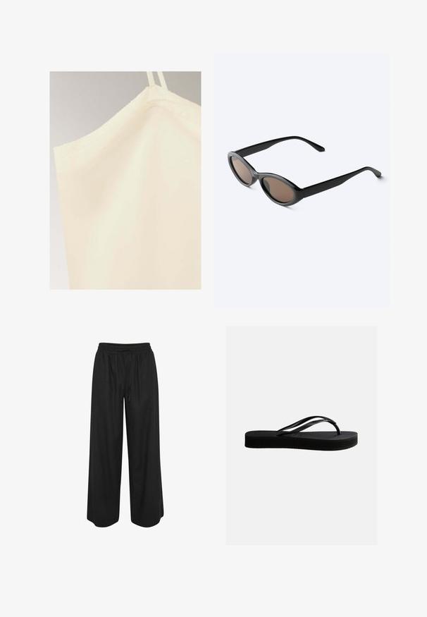 Top sin mangas de color crema con tirantes finos y una textura de tela suave sobre un fondo neutro.; Pantalones negros de pierna ancha con cintura elástica y cordón, hechos de tela ligera, mostrados sobre un fondo blanco.; Chancla negra de goma con suela texturizada y correa en forma de Y, mostrada en vista lateral sobre un fondo liso y claro.; Gafas de sol negras con montura ovalada y lentes tintadas oscuras, mostradas en un ángulo ligero sobre una superficie blanca.