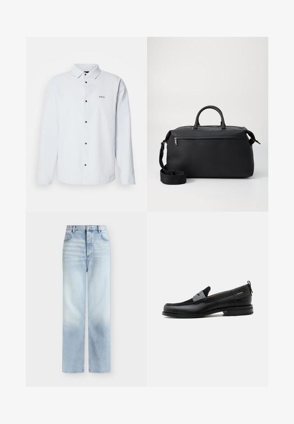 Chemise blanche à manches longues, boutonnée, avec des boutons noirs et un col, présentant un petit logo "BOSS" sur la poitrine gauche.; Jeans bleu clair taille haute à jambes droites, avec poches avant, passants de ceinture et fermeture par bouton.; Mocassin en cuir noir avec détail de bride grise, talon bas et semelle texturée, marqué "HUGO" en or sur le côté.; Sac de voyage en cuir noir avec deux poignées supérieures, une bandoulière amovible et une poche avant zippée pour un espace de rangement supplémentaire.