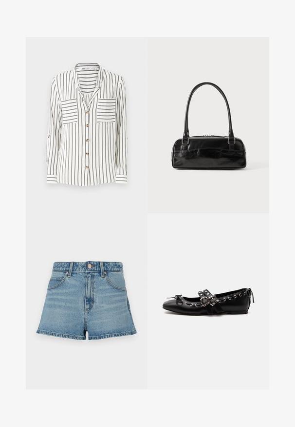 Chemise blanche à manches longues avec des rayures verticales noires, dotée de deux poches poitrine, d'un devant à boutons et de poignets avec des détails rayés.; Shorts en denim bleu clair avec taille haute, ourlet effiloché, surpiqûres contrastantes et poches avant. Comprend un bouton en métal et une étiquette de marque.; Chaussure de ballet plate noire avec doubles brides à boucle, œillets argentés et petit nœud près de l’orteil arrondi sur fond blanc.; Sac à main en cuir noir de forme rectangulaire, doté d'une seule ansse structurée, de quincaillerie argentée et d'une fermeture éclair. Texture lisse.