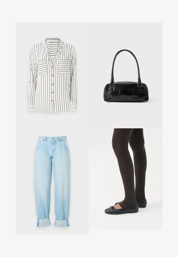 Witte langekleurige blouse met zwarte verticale strepen, voorzien van twee borstzakken, een knoopsluiting aan de voorkant en manchetten met streepdetaillering.; Lichtblauwe denim jeans met een hoge taille, gevlochten taillebanddetail, losse pasvorm en opgerolde manchetten aan de zoom. Voorzien van steekzakken.; Benen met donkere geribbelde leggings gecombineerd met zwarte ballerina's met kleine strikdetails op een witte achtergrond.; Zwarte leren handtas met een rechthoekige vorm, voorzien van een enkele gestructureerde handgreep, zilveren hardware en ritsluiting. Gladde textuur.