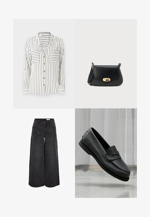 Hvid skjorte med lange ærmer og sorte lodrette striber, med to brystlommer, knaplukning foran og manchetter med stribedetaljer.; Bredde ben sorte denimshorts med høj talje, forlommer og subtil tekstur; designet til en afslappet pasform.; Sort læderloafer med syninger og logo på siden, vist svævende over en marmorgulv mod en lys gardinbaggrund.; Sort læder crossbody taske med klapdesign, guld oval lås og justerbar rem. Glat tekstur og minimalistisk stil.