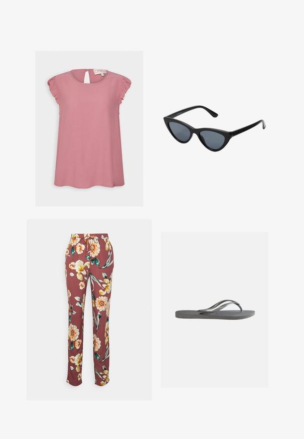 ONLY ONLKAJSA FRILL - T-shirts print - nostalgia rose; ONLY Tall ONLNOVA LIFE PANT - Bukser - rose/brown; Flad grå klip-klap sandal med tekstureret sål og tynde Y-formede stropper, vist fra siden mod en ensfarvet lys baggrund.; Sorte katteøje solbriller med mørkegrå linser, slankt plastisk stel, spidse hjørner og lige stænger. Ingen synlig hardware eller dekorationer.