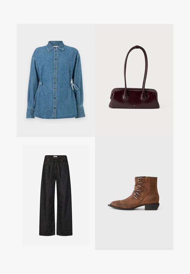 Lyseblå denimskjorte med knapper foran, krave og bundet sider. Har lange ærmer og en afslappet pasform. Knapperne er metalliske.; Mørk denim bukser med bred ben, høj talje, bundet bælte og kontrasterende orange syninger. Har klassisk design med fem lommer.; Brune læder ankelstøvler med tre sølv spænder, spids tå og dekorativ syning langs siderne. Lav blokhæl.; Mørkebrunt blankt læderhåndtaske med lange, tynde håndtag og en struktureret rektangulær bund på en ensfarvet lys baggrund.