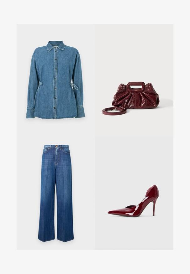 Lyseblå denimskjorte med knapper foran, krave og bundet sider. Har lange ærmer og en afslappet pasform. Knapperne er metalliske.; Bredde ben denimjeans i mørkeblå, med høj talje, knaplukning og klassisk syning. Glat tekstur med en let falming.; Røde patentlæder højhælede pumps med spidse tæer og udskårne sider, der har en elegant stilethæl. Glat, blank overflade.; Lille mørkerød læderhåndtaske med opsamlet struktur, rektangulært håndudskåret håndtag og aftagelig skulderrem på hvid baggrund.