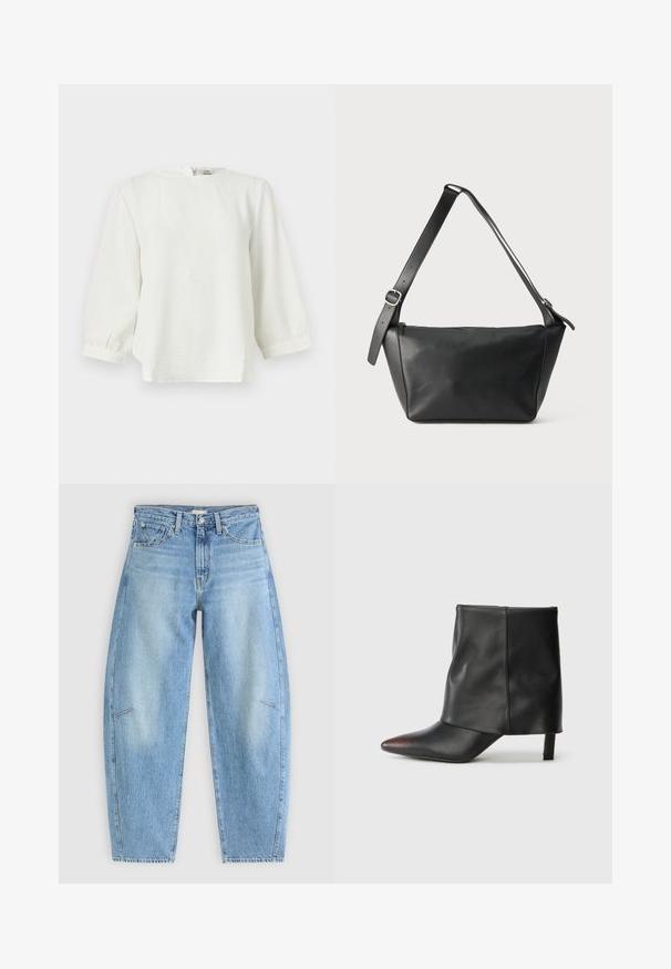 Hvid bluse med lange ærmer og rund hals, let tekstureret stof og rynkede manchetter mod en ensfarvet lys baggrund.; Lyseblå denimjeans med en afslappet pasform, der har høj talje, lige ben og diskrete syninger på frontlommen.; Sort ankelstøvle lavet af glat læder med spids tå og tilspidset hæl. Overdelen har et let rynket design.; Sort læder skuldertaske med bred justerbar rem og sølvspænde, vist mod en ensfarvet lys baggrund.