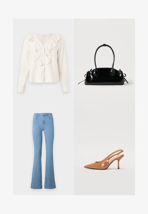 Blusa blanca de manga larga con escote en V, botones delanteros y un borde con volantes alrededor del cuello y el área de los botones.; Jeans de mezclilla de tiro alto en un azul claro, con piernas acampanadas, cinco bolsillos, cremallera frontal y cierre de botón metálico.; Zapato de tacón tipo slingback con punta afilada en un material suave y brillante de color marrón. Presenta un diseño con corte curvado y un tacón de aguja delgado. Detalle de hebilla plateada.; Pequeño bolso negro brillante con dos asas largas y detalles de cordón lateral sobre un fondo claro liso.