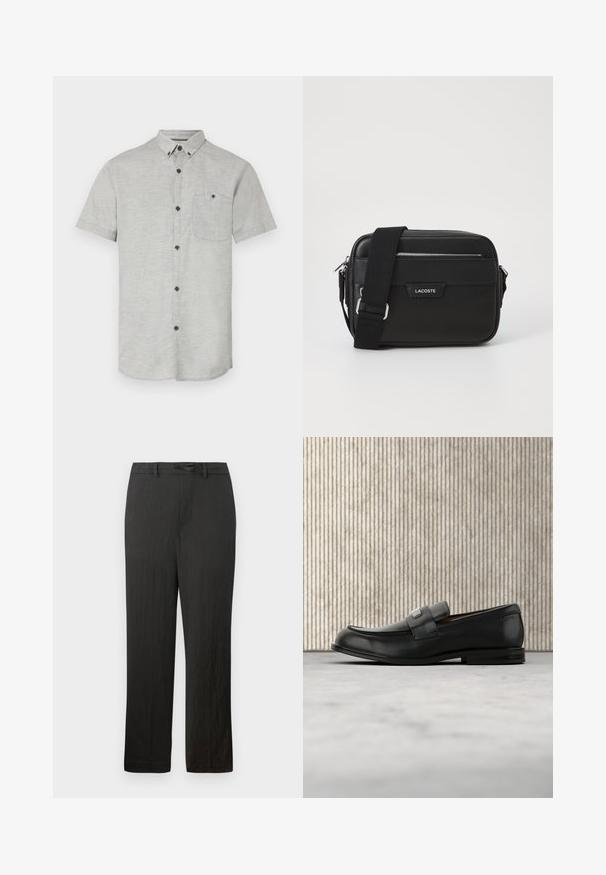 Chemise à manches courtes en tissu gris clair, dotée d'une poche poitrine et de boutons foncés pour le contraste. Texture lisse avec un motif subtil.; Pantalons noirs à jambes droites avec une texture lisse, dotés d'une taille à cordon de serrage et d'un tissu léger et discret.; Mocassin en cuir noir avec une plaque de marque en métal reposant près d'une table ronde marron sur un sol recouvert de moquette beige.; Sac messenger noir en matériau synthétique texturé, quincaillerie argentée, bandoulière réglable, avec plaque logo à l'avant et fermeture éclair.