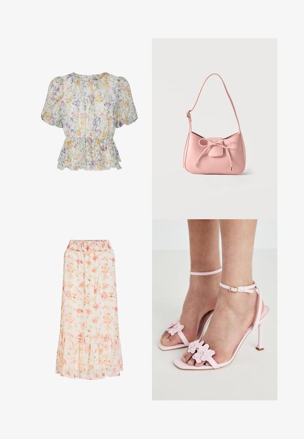 Blouse courte à manches bouffantes fleuries, taille cintrée et ourlet à volants dans des couleurs pastel sur un fond clair.; Jupe midi blanche avec motif floral rose et pêche, taille élastique et détail volanté à l'ourlet.; Sandales à talons hauts roses avec des appliqués floraux, une fine bride de cheville et un design ouvert à l'avant. Texture lisse et forme de pointe.; Petit sac bandoulière rose pastel avec sangle réglable et détail nœud à l'avant avec extrémités dorées sur un fond uni.