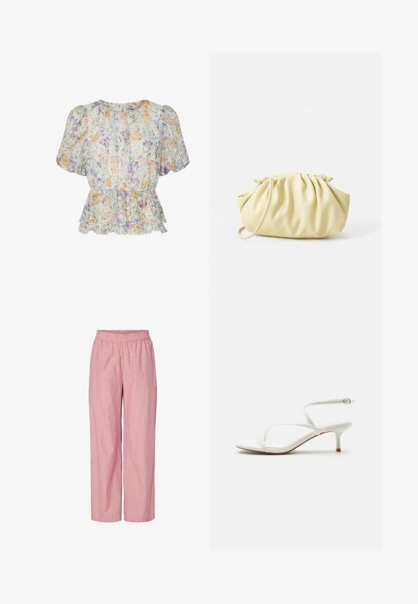 Kurze Bluse mit Puffärmeln, tailliertem Bund und Rüschensaum in Pastellfarben auf hellem Hintergrund.; Rosa gestreifte weit geschnittene Hose mit elastischem Bund. Hergestellt aus leichtem Stoff mit glatter Textur. Enthält subtile vertikale Streifen.; Weiße Damen-Sandalette mit Riemchen, niedrigem Katzenabsatz und Knöchelschnalle vor weißem Hintergrund.; Gelbe, gefaltete Handtasche aus glattem Kunstleder mit weicher Form, einzigem Schulterriemen und gerafftem Oberteil.