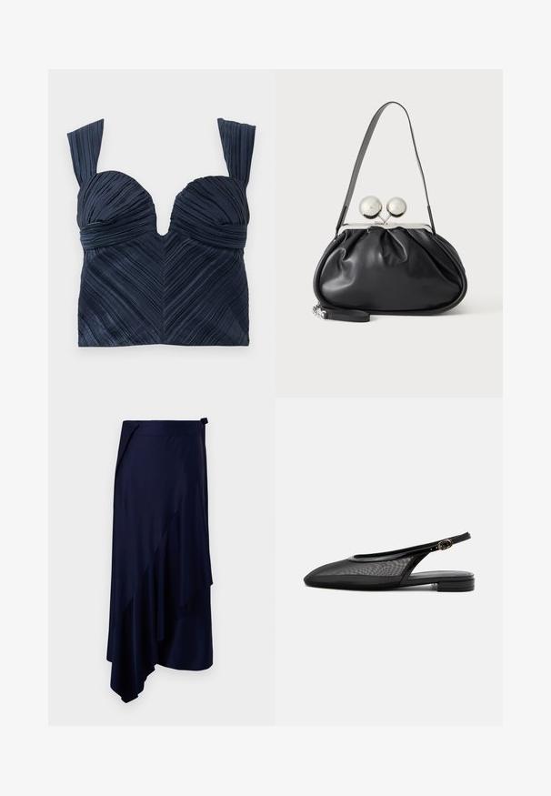 Marineblaues, gefältetes Cropped-Top mit Herzausschnitt und breiten Trägern; verfügt über vertikale strukturierte Linien, die ein Chevron-Muster bilden.; Rabanne Bleistiftrock - deep navy; Schwarzer Slingback-Flachschuh mit spitzer Kappe, Mesh-Obermaterial, verstellbarem Schnallenriemen und niedrigem Blockabsatz auf weißem Hintergrund.; Schwarze Ledertasche mit gerafftem Design, einem einzelnen Riemen, silbernem Metallrahmen und zwei großen runden silbernen Verschlüssen.