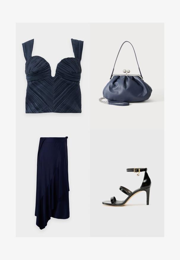 Tumesinine pleeditud lühikeste varrukatega crop top, millel on südamekujuline kaelus ja laiad rihmad; esindab vertikaalseid tekstuurijooni, luues ševroni mustri.; Rabanne Pliiatsseelik - deep navy; Must musta nahk sandaal kolme rihmaga, pahkluu vööga ja 4-tollise stilettakontsaga. Omab kuldset detaili ja logovõtit.; Pehme tumesinine nahast käekott hõbedase klambriga, ühe õlarihmaga ja eemaldatava ketiga randmerihmaga valgel taustal.