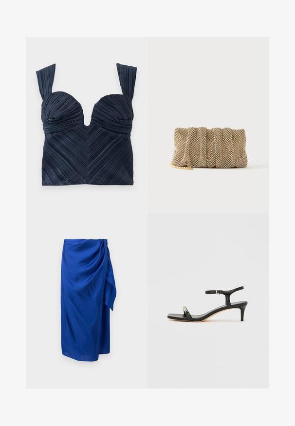 Top court plissé bleu marine avec encolure en cœur et larges bretelles ; présente des lignes texturées verticales créant un motif en chevron.; Jupe midi bleue avec un détail de nouage drapé sur le côté et un tissu lisse et fluide, présentée sur un fond uni.; Sandale noire en cuir à talon avec bride à la cheville, bout ouvert, devant carré et accent en métal argenté. Design ajusté avec un profil élégant.; Petit sac pochette en maille dorée avec un design froncé et une bandoulière chaîne dorée partiellement visible sur un fond blanc uni.