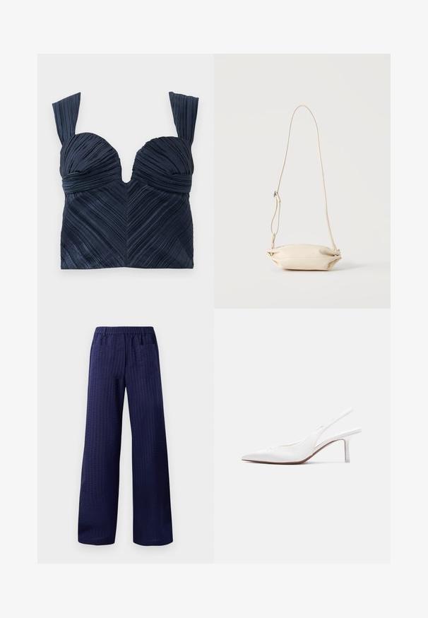 Top corto plisado en azul marino con escote en forma de corazón y tirantes anchos; presenta líneas verticales texturizadas que crean un patrón de chevrón.; Pantalones de pierna ancha en color navy con un acabado texturizado, cinturilla elástica y dos bolsillos traseros. Fabricados con un tejido ligero y transpirable.; Zapato femenino de cuero blanco con tira trasera, punta puntiaguda, tacón bajo tipo kitten y un pequeño lazo decorativo en la parte superior, mostrado en perfil lateral.; Bolso bandolera pequeño de cuero beige con correa ajustable, mostrado sobre un fondo claro y liso.