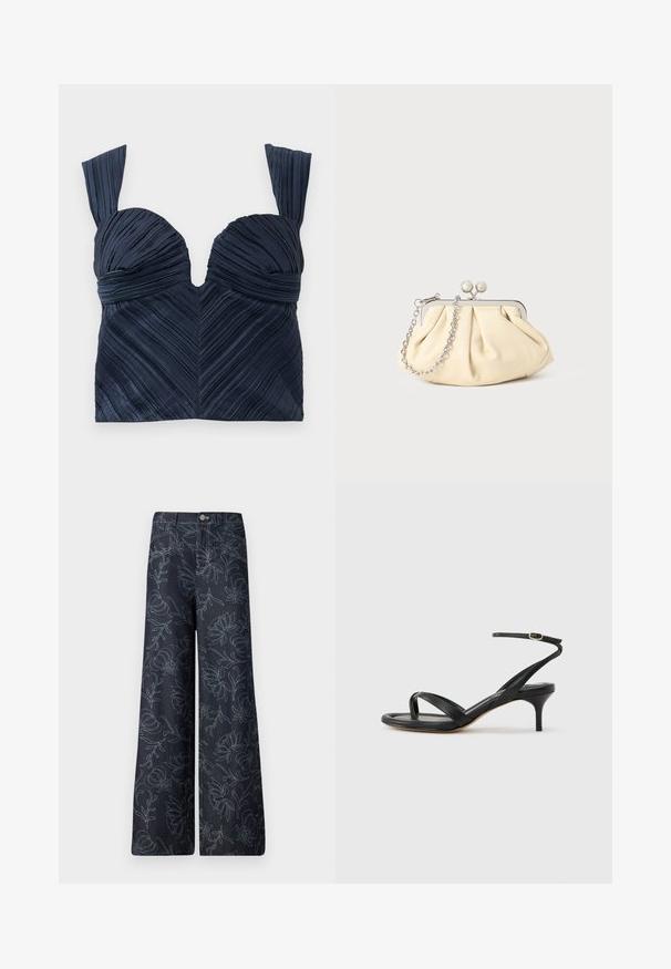 Námornícky modrý plisovaný crop top so srdcovým výstrihom a širokými ramienkami; obsahuje vertikálne textúrované prúžky vytvárajúce vzor chevron.; Tmavé džínsové nohavice so širokými nohavicami, na ktorých je vyšitý kvetinový vzor v svetlom modrom odtieni. Klasický dizajn s piatimi vreckami a zapínaním na prednej strane.; Čierne kožené sandále pre ženy s tenkými remienkami, očkom na palec, prackou na členku a stredne vysokým ihličkovým podpätkom na neutrálom pozadí.; Zhlý béžový kožený klobúk so strieborným kovovým rámom, ktorý má dve okrúhle dekoratívne zámky a strieborný reťazový popruh.