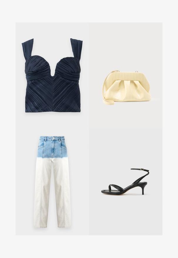 Tumesinine pleeditud lühikeste varrukatega crop top, millel on südamekujuline kaelus ja laiad rihmad; esindab vertikaalseid tekstuurijooni, luues ševroni mustri.; Denim teksad on sinine ülemine osa, mis tuhmub valgeks. Kõrge lõikega disain, sirge jalgade siluett ja nähtavad õmbluse detailid.; Mustast nahast naiste sandaal õhukeste rihmadega, varbaringi, pahkluu pandlaga ja keskmise kõrgusega kitsekontsaga neutraalsel taustal.; Kreemivärvi nahast käekott, millel on tugeva konstruktsiooniga ülemine raam ja randmerihm, eksponeeritud ühevärvilise heledana tausta ees.