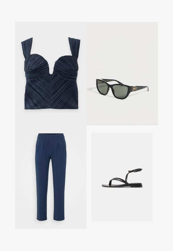 Námornícky modrý plisovaný crop top so srdcovým výstrihom a širokými ramienkami; obsahuje vertikálne textúrované prúžky vytvárajúce vzor chevron.; Námornícke modré nohavice s vysokým pásom, elastickým pásom, širokými rovnými nohami a bočnými vreckami, vystavené na jednoduchom pozadí.; Čierna plochá sandála s tenkými remienkami, prstovým pásikom a nastaviteľnou prackou na členku na bielom pozadí.; Čierne slnečné okuliare v tvare mačacích očí s tmavými sklami a zlatým dvojitým logom G na straniciach, zobrazené na bielom pozadí.