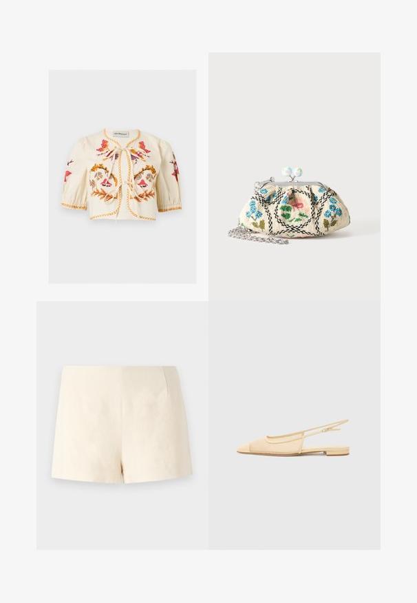 Cremefarbene kurze Bluse mit Puffärmeln, farbiger Blumenstickerei, oranger Naht und zwei vorderen Bändern.; Beige maßgeschneiderte Shorts aus leichtem Stoff, mit glatter Textur, klaren Linien und ohne sichtbare Verschlüsse oder Taschen.; Slingback-Ballerina in hellbeige mit einem Netz-Obermaterial, spitz zulaufender Zehenpartie und niedrigem Absatz. Verfügt über einen verstellbaren Riemen für eine optimale Passform.; Kleine Stoffklammerbörse mit floraler Perlenstickerei, Metallrahmen und silberner Kettenschlaufe auf einfarbig hellem Hintergrund.