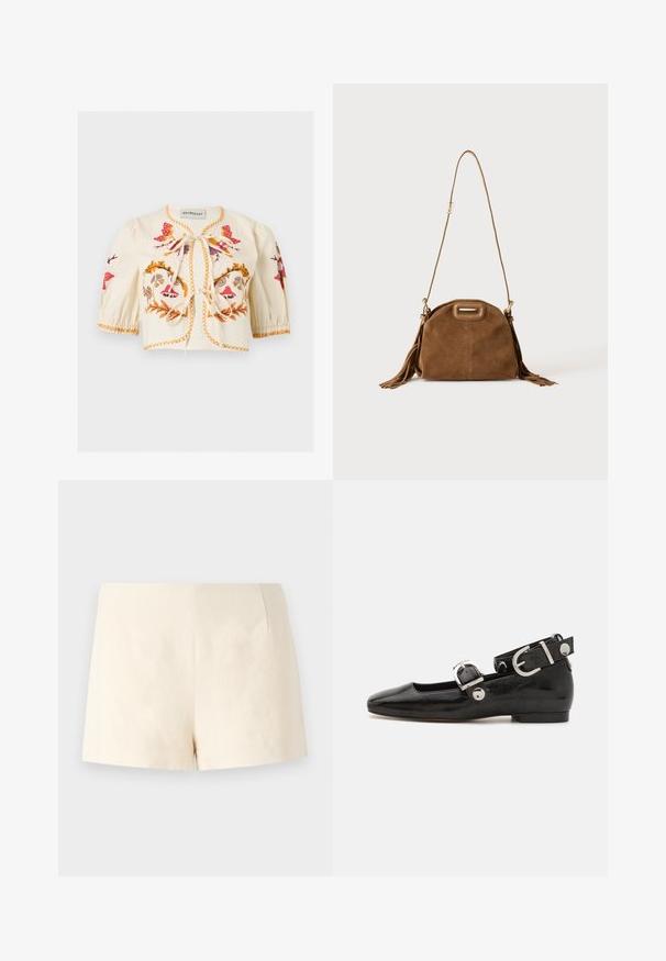 Cremefarbene kurze Bluse mit Puffärmeln, farbiger Blumenstickerei, oranger Naht und zwei vorderen Bändern.; Beige maßgeschneiderte Shorts aus leichtem Stoff, mit glatter Textur, klaren Linien und ohne sichtbare Verschlüsse oder Taschen.; Schwarze Lackleder-Ballerina mit eckiger Zehenpartie, Knöchelriemen mit silberner Hardware und flacher Sohle. Glatte Textur mit minimalistischen Design.; Braune Wildleder-Schultertasche mit langem Riemen, rechteckigem Handgriff-Ausschnitt und Quasten-Details an den Seiten vor weißem Hintergrund.