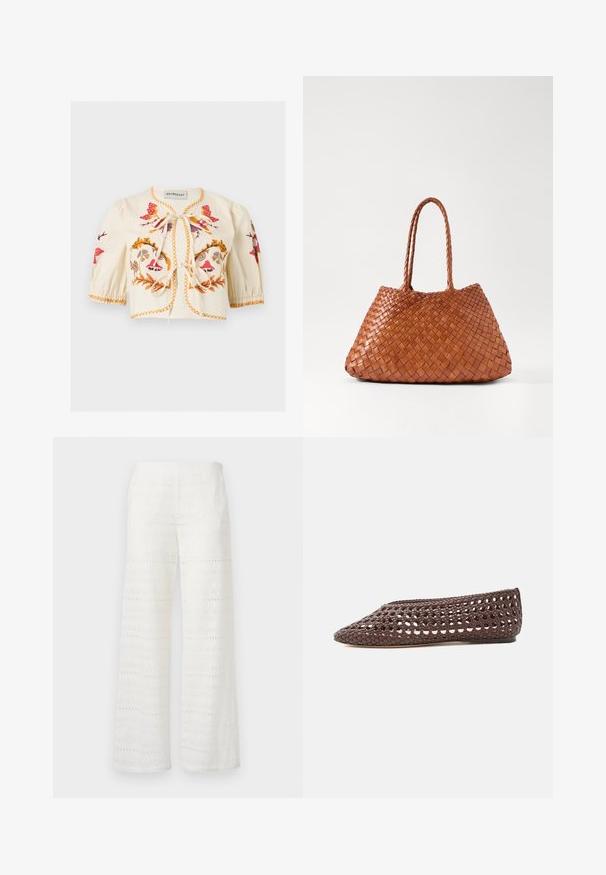 Kerma cropped-paita, jossa on pussimaiset hihat, värikäs kukka kirjailu, oranssit ompeleet ja kaksi etukietaisua.; Valkoiset leveälahkeiset housut, joissa on kirjailtuja kuvioita, silmukkateknologiaa ja teksturoitu pinta; valmistettu kevyestä kankaasta hengittävyyden vuoksi.; Ruskea litteä kenkä, jossa on kudottu avoin kuvio ja suljettu pyöreä kärki, esitetty sivusta vaalealla taustalla.; DRAGON DIFFUSION SANTA CROCE BIG - Käsilaukku - tan