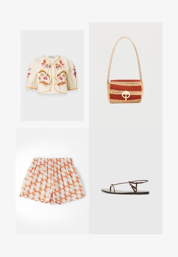 Crèmekleurige cropped blouse met opgepofte mouwen, kleurrijke bloemenborduursels, oranje stiksels en twee voorstrikjes.; Witte shorts met een oranje palmbladerenpatroon, elastische tailleband en een losse pasvorm. Gemaakt van lichtgewicht stof, geschikt voor warm weer.; Bruine leren sandaal met dunne banden, een gouden cirkelaccent en een platte zool. Minimalistisch ontwerp met een verstelbare gesp.; Kleine rechthoekige geweven handtas met rode en beige strepen, gouden ronde sluiting en gouden ketting als schouderriem.