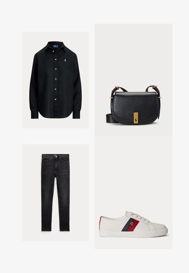 Sort skjorte med lange ærmer, knapper, krave, hvide knapper og lille hvid broderet Polo Ralph Lauren-logo på venstre bryst.; Slim-fit sorte jeans med fem lommer, knaplukning og Polo mærke på linningen, lagt fladt på en hvid baggrund.; Hvid lavtop sneaker med røde og marineblå striber på siden og guld RL-logo, hvide snørebånd og tekstureret gummisål.; Sort læder crossover taske med buet form, guldfarvet hardware og en frontplade med logo. Justerbar rem inkluderet.