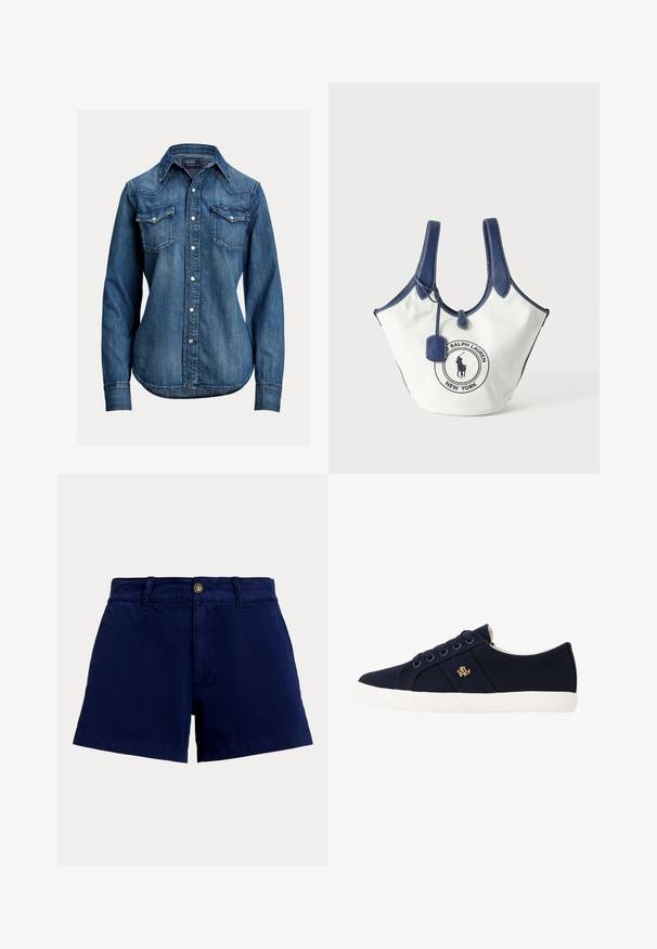 Modrá rifľová košeľa s dlhým rukávom so perlovými patentkami, dvoma náprsními vreckami so záklopkou a špicatým golierom od Polo Ralph Lauren.; Tmavomodré krátke nohavice s vysokým pásom, pútkami na opasok, zapínaním na gombík a predným zipsom, zobrazené na svetlom jednofarebnom pozadí.; Lauren Ralph Lauren JANSON II CANVAS SNEAKER - Tenisky - navy; Biela plátenná taška s tmavomodrými rukoväťami a lemom, s logom Ralph Lauren vpredu a malou visiacu značkou.