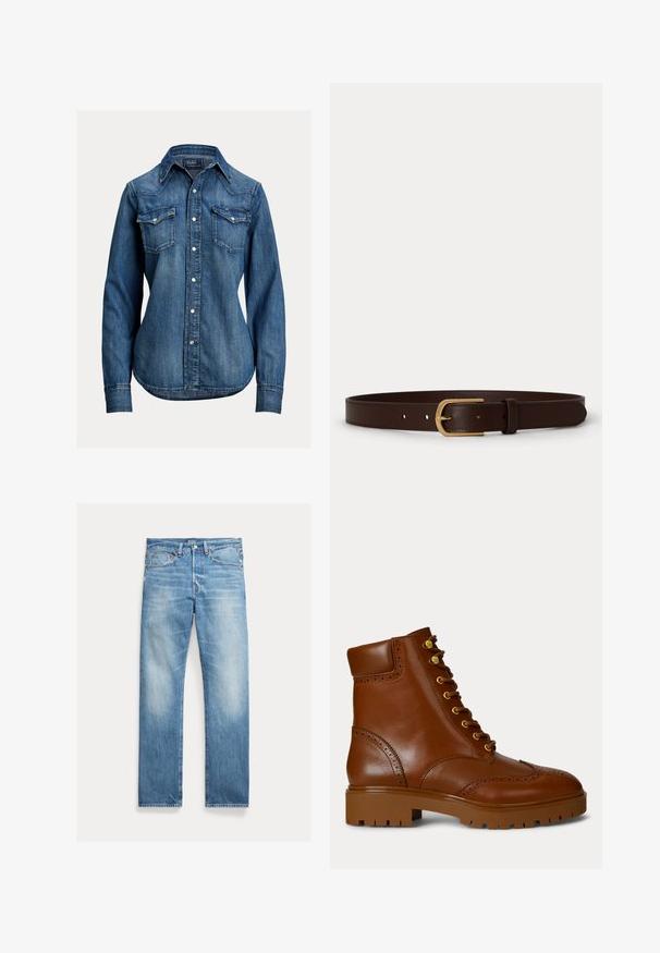 Langärmeliges blaues Denimhemd mit Perlmutt-Druckknöpfen, zwei Brustklappentaschen und spitzem Kragen von Polo Ralph Lauren.; Hellblaue Straight-Leg-Denim-Jeans mit leichtem Verblassen, Fünf-Taschen-Design und sichtbarem Polo-Markenlabel am Bund.; Braune Lederstiefeletten mit runder Zehenpartie, goldenen Ösen und Broguedetails. Chunky braune Gummisohle mit strukturiertem Profil.; Brauner Ledergürtel mit goldener Metallschnalle und genähten Kanten, flach auf weißem Hintergrund liegend.