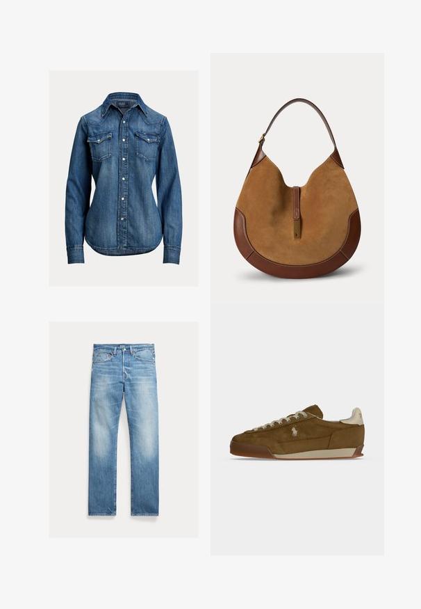 Modrá rifľová košeľa s dlhým rukávom so perlovými patentkami, dvoma náprsními vreckami so záklopkou a špicatým golierom od Polo Ralph Lauren.; Svetlomodré rovné rifle s miernym vyblednutím, dizajn s piatimi vreckami a viditeľnou značkou Polo na páse.; Hnedá semišová teniska s krémovými šnúrkami, hrubou podrážkou a malým bielym vyšitým logom na boku.; Hnedá semišová a kožená kabelka v tvare polmesiaca s jedným remienkom a zlatým obdĺžnikovým zapínaním v strede vpredu.