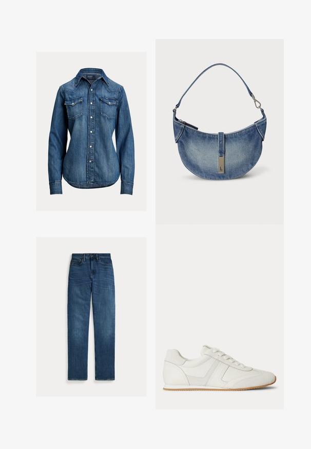 Blauw denim overhemd met lange mouwen, parelachtige drukknoopjes, twee borstflappen en een puntige kraag van Polo Ralph Lauren.; Blauwe denim jeans met rechte pijpen, vijf zakken, knoopsluiting en subtiele vervaging op dijen en knieën, plat op een witte achtergrond gelegd.; Witte lage sneaker met veters aan de voorkant, suède en leren panelen, en een lichtbruine rubberen zool op een witte achtergrond.; Spijkerbroek handtas in lichtblauw, halve maanvorm, met een enkele schouderriem, metalen rits en een logolabel op het leren accent.