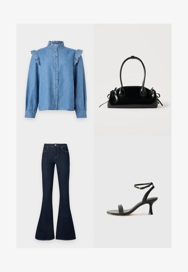 Blouse en denim bleu clair à manches longues, boutonnée sur le devant, avec un col haut à volants et des détails en dentelle à volants sur les coutures d'épaule.; Jean en denim bleu foncé taille haute avec jambes évasées, bouton et zip à l'avant, et conception à cinq poches.; Sandale à talon en cuir noir avec une sangle de cheville, présentant un design élégant, un bout ouvert et un talon effilé pour une silhouette épurée.; Petit sac à main noir brillant avec deux longues anses et des détails à cordon sur les côtés sur un fond clair uni.