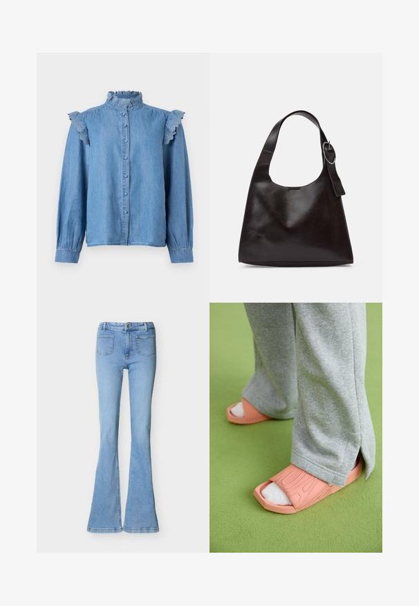 Blouse en denim bleu clair à manches longues, boutonnée sur le devant, avec un col haut à volants et des détails en dentelle à volants sur les coutures d'épaule.; Jean flare en denim bleu clair avec poches plaquées à l'avant, fermeture par bouton et fermeture éclair, présenté à plat sur un fond blanc.; Des tongs en caoutchouc rose avec des larges sangles, des détails texturés, portées avec un pantalon de survêtement gris et des chaussettes blanches sur une surface verte.; Sac en cuir marron porté épaule avec une texture lisse, une forme arrondie, une large sangle et un accent métallique circulaire sur la poignée.