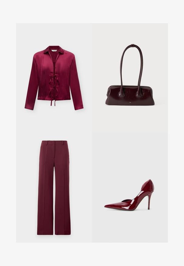Bordeaux satijnen blouse met lange mouwen, kraag en twee lintjes aan de voorkant, getoond op een effen lichte achtergrond.; Bordeaux wijde pijpen broek gemaakt van een gladde stof, met een rechte voorkant, riemlussen en een op maat gemaakte uitstraling met geplooide details.; Rode gepatenteerde leren hoge hakpumps met een puntige neus en uitsnijdingen aan de zijkanten, met een elegante stilettohak. Gladde, glanzende afwerking.; Donkerbruine glanzende leren handtas met lange, dunne handvatten en een gestructureerde rechthoekige bodem op een effen lichte achtergrond.