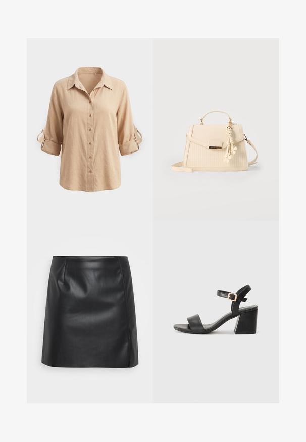 Beige overhemd met lange mouwen en knoopsluiting, met opgerolde mouwen die worden vastgezet met knoopstroken en een klassieke kraag, getoond tegen een effen achtergrond.; Zwart leren miniskirt met een gladde textuur, voorzien van een licht uitlopende vorm, plooien aan de voorkant en een zijnaad voor extra detail.; Zwarte leren haksandalen met een brede band over de tenen en een gespaccent op de enkelband. Chunky rechthoekige hak.; Beige gestructureerde handtas met handvat bovenop, geweven voorkant, bloemenfranje charm en een afneembare schouderriem, met het label Anna Field.