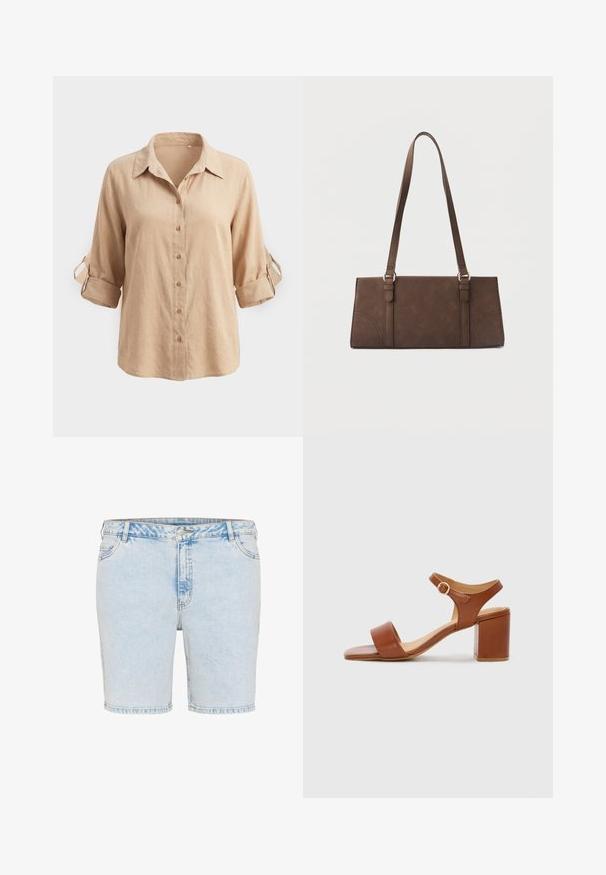 Beige langærmet skjorte med knapper, med op-rullede ærmer, som holdes på plads med knapstropper og en klassisk krave, vist på en ensfarvet baggrund.; Lyseblå denimshorts med lige snit, fem lommer og synlige stikninger. Har en lukning med knap og lynlås.; Brune læder hæle sandal med firkantet tå, justerbar ankelrem og blokhæl. Glat tekstur og minimal design.; Brun rektangulær skuldertaske med lange stropper og minimale syningsdetaljer på en ensfarvet baggrund.