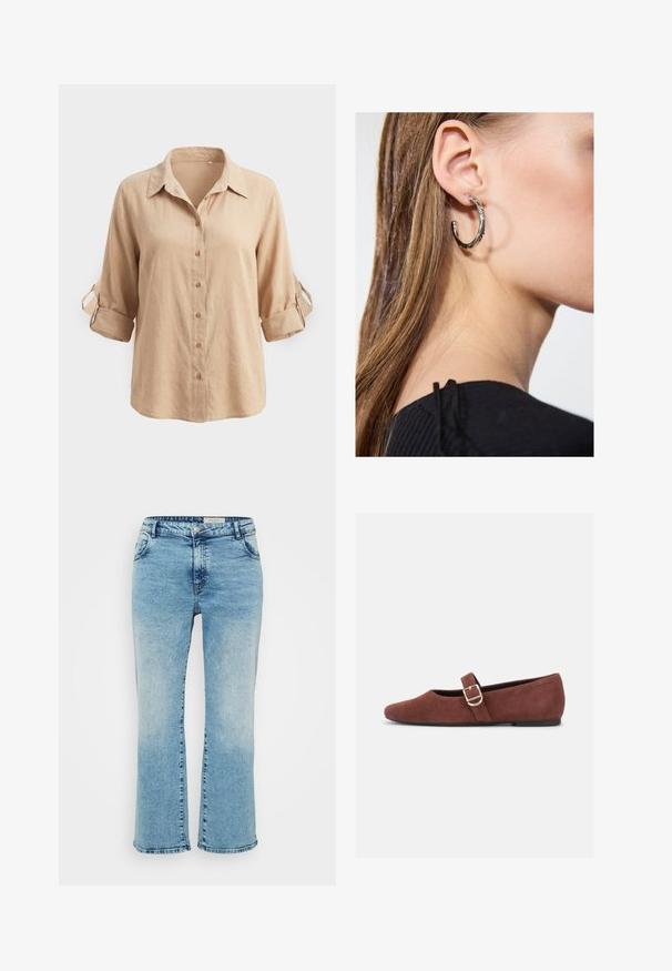 Camisa beige de manga larga con botones, mangas enrolladas sujetas con tiras de botón y un cuello clásico, mostrada sobre un fondo liso.; Vaqueros de mezclilla azul claro con corte recto, que cuentan con un cierre de botón, cinco bolsillos y un ligero desgaste en las rodillas.; Zapato plano Mary Jane de gamuza marrón con una correa de hebilla dorada y suela negra sobre fondo blanco.; Pendiente de aro de plata con un acabado pulido, que presenta pequeños detalles en dorado y una forma redonda, llevado en el lóbulo.