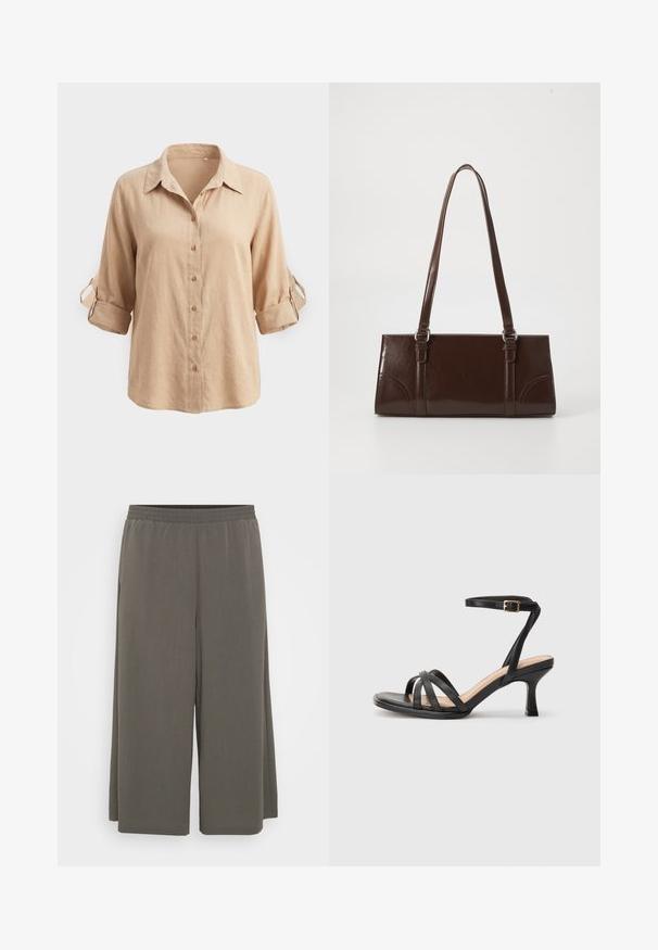 Beige overhemd met lange mouwen en knoopsluiting, met opgerolde mouwen die worden vastgezet met knoopstroken en een klassieke kraag, getoond tegen een effen achtergrond.; Grijze wijde broek met een elastische tailleband, gemaakt van een zachte, lichte stof, met een gladde textuur en zonder zichtbare patronen.; Zwarte sandalen met hakken, voorzien van meerdere dunne banden over de tenen, een enkele enkelband met een gouden gesp en een vierkante neus.; Bruine lakleren handtas met een rechthoekige vorm, twee lange handvatten en subtiele gebogen accenten aan de voorkant.