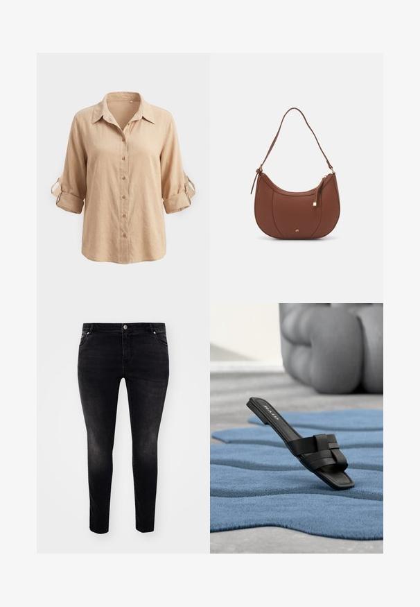 Beige langærmet skjorte med knapper, med op-rullede ærmer, som holdes på plads med knapstropper og en klassisk krave, vist på en ensfarvet baggrund.; Sorte denim jeans med slim fit, fem-lommers design, knaplukning og let slid for tekstur. Minimalistisk stil, ingen synlige mønstre.; Sort slip-on sandal med vævede stropper, der hviler på et tekstureret blåt tæppe, med en sløret rundet grå genstand i baggrunden.; Brun faux læder skuldertaske med buet form, minimal syning og en guldtonet hardwaredetalje. Har en top lynlåslukning og justerbar rem.